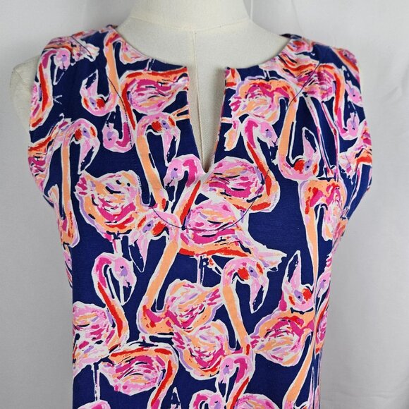 Barbara Erickson Dress Small Flamingo Sleeveless Cotton Blue Pink Shift Tropical - Picture 2 of 10